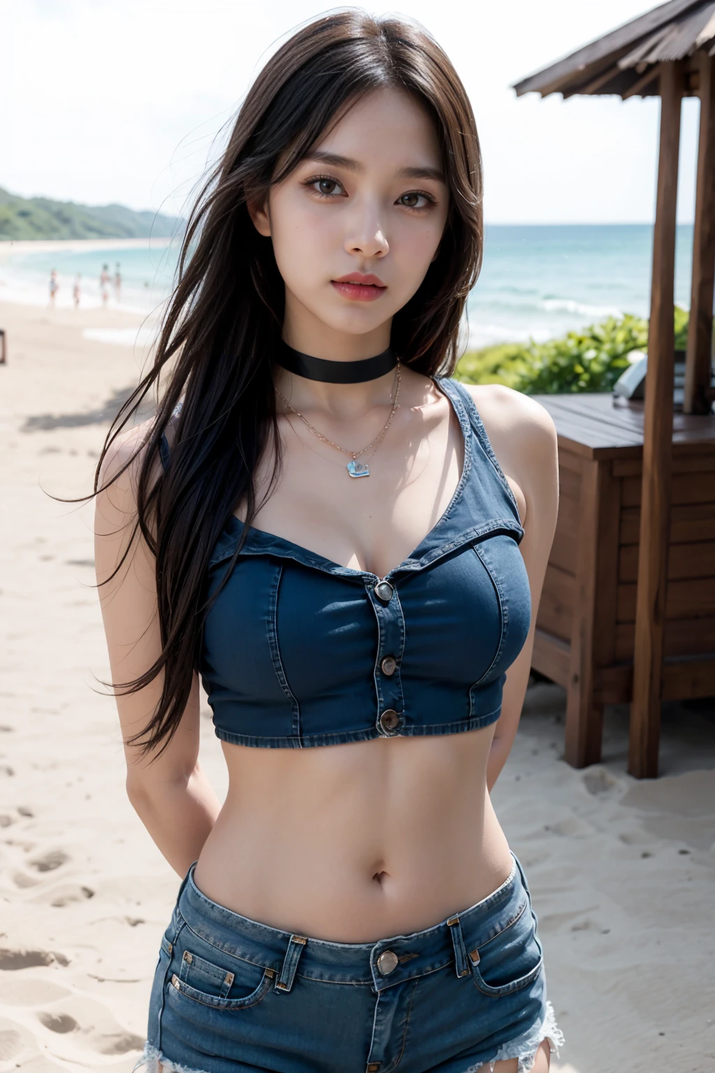 1girl, black hair, black nails, bracelet, choker, denim, jeans, jewelry, lips, long hair, midriff, nail polish, navel, necklace, short pants, realistic, ring, solo, arms behind back
break beach,walking,