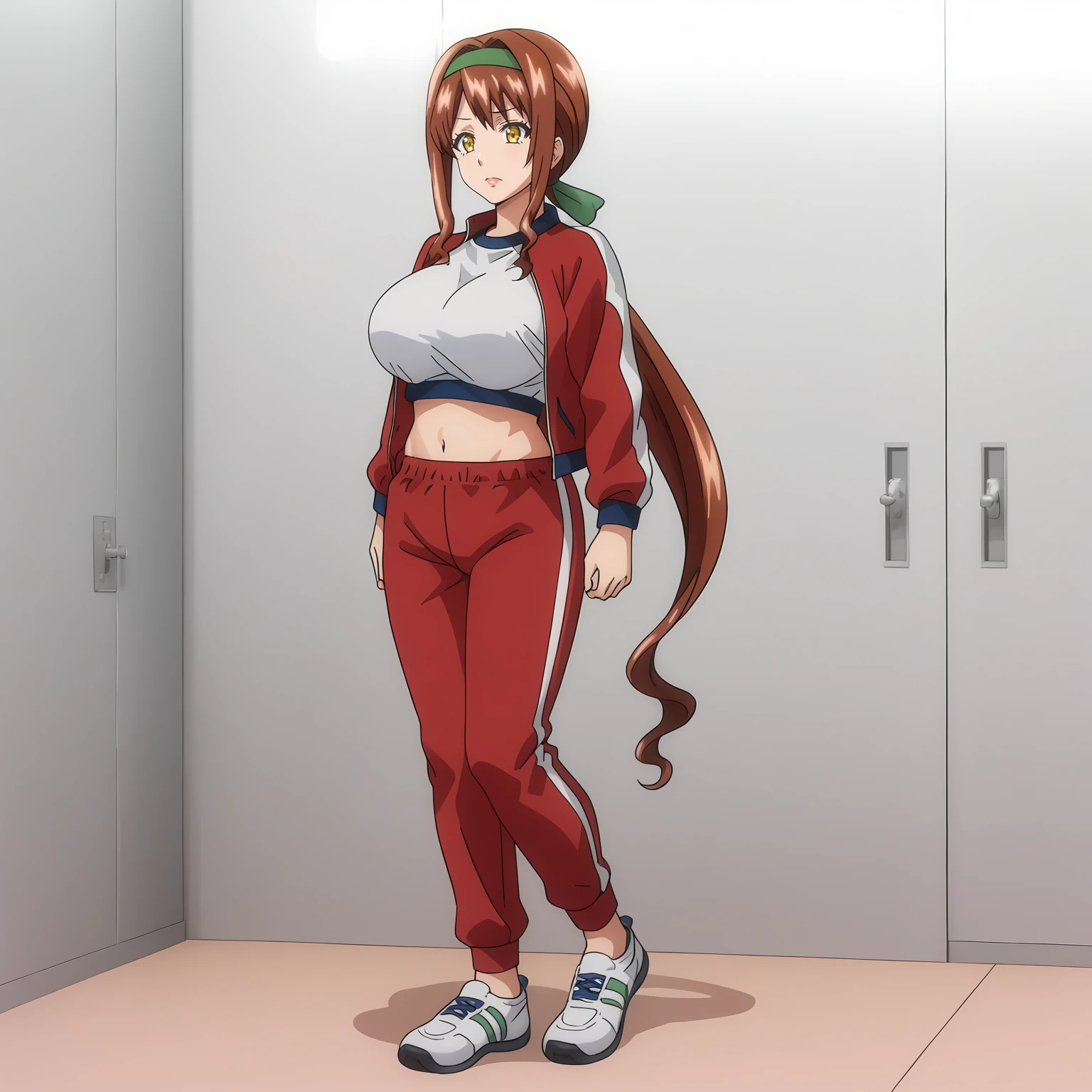 <lora:HarukaShigaXLpony001>,
solo,
HarukaShiga,1girl,brown hair,green hair band,low ponytail,yellow eyes,
large breasts,
gym uniform,red jacket,
red pants,
full body,standing,