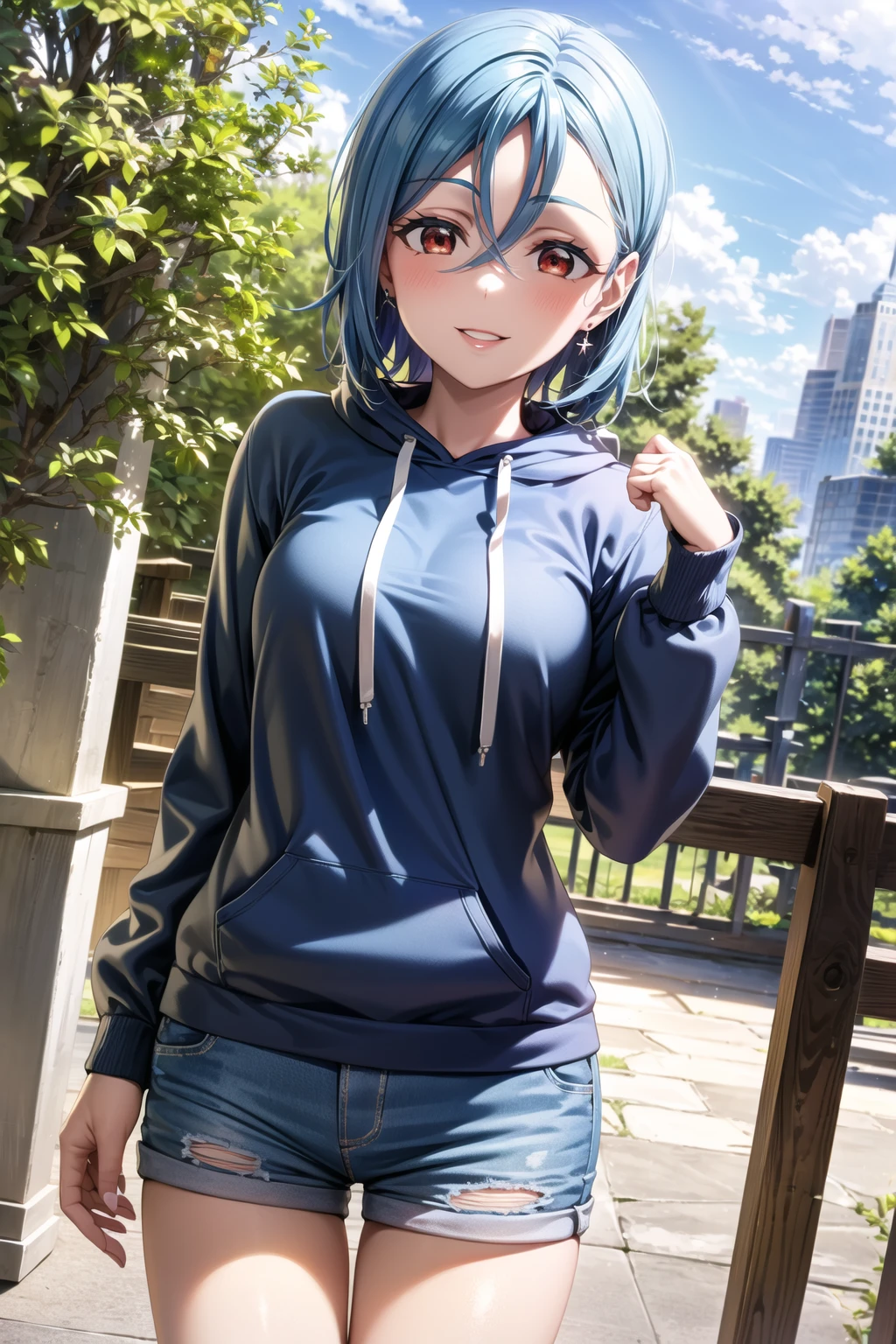 <lora:apstyle2:0.75> apstyle3 apstyle masterpiece best quality detailed eyes masterpiece best quality
1girl, wakana shiki, short hair, blue hair, hair between eyes, jewelry, earrings, bangs, red eyes, <lora:shiki:0.6>, medium breasts, cowboy shot, standing, seductive smile, solo
(hoodie, shorts:1.2)
(outdoors, greenery, sky:1.1) cowboy shot, light smile, standing, parted lips, (tareme), arms support
<lora:detail_slider_v4:0.5> <lora:more_details:0.3> ah1 <lora:1651489307798708599:0.2>, <lora:GoodHands-vanilla:1> <lora:tareme:0.5>