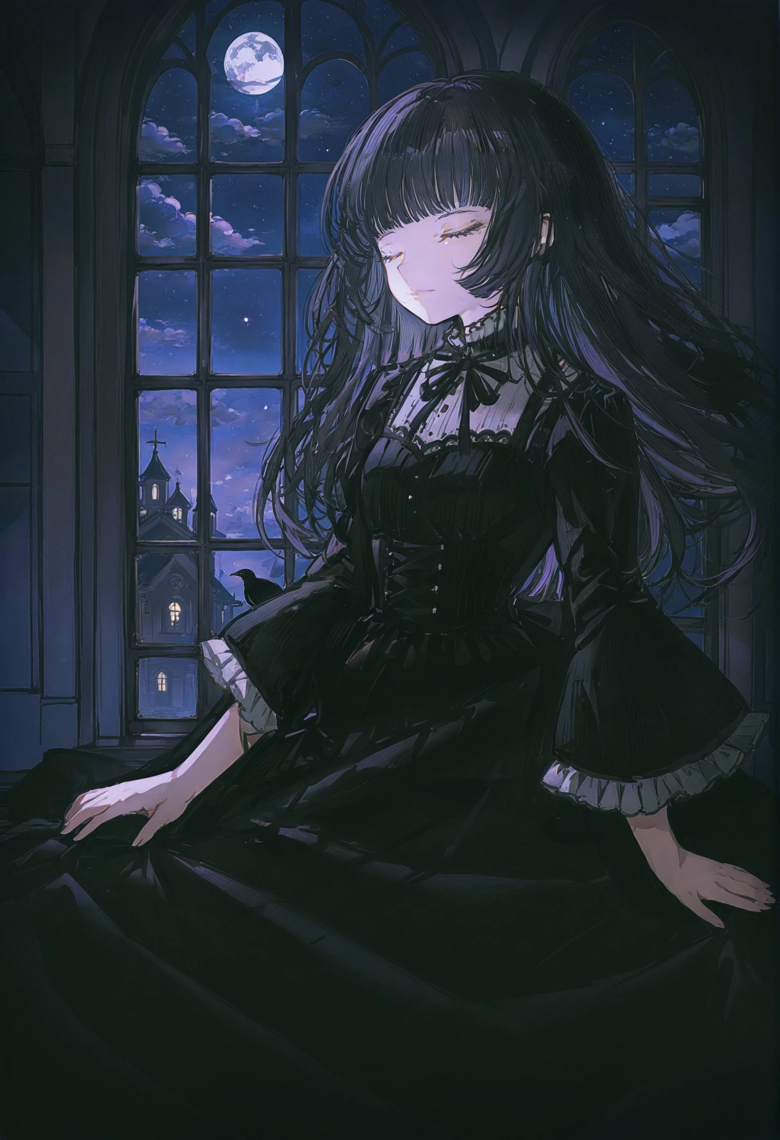 1girl,
solo, 1011ta dress, multicolored hair, scenery, window, star, (sky:1.1), moon, church, star \(sky\), colored inner hair, night, starry sky, black hair, gothic 1011ta, aqua hair, indoors, dress, long hair, 1011ta fashion, crow, looking up, closed eyes, full body, cloud, goth fashion, sleeping, hand up, black dress, crescent moon, shadow, lens flare, blunt bangs, bird,
masterpiece, best quality
<lora:johnkafkaXLlokr4f-000179:0.95>