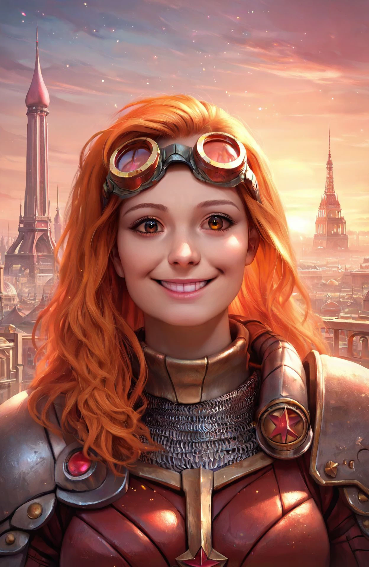 <lora:chandra_pny-9:0.8> 1girl, long hair, orange hair, brown eyes, goggles on head, looking at viewer, light particles, armor, city, rooftop, eastern architecture, sunrise, light shafts, smile, pink theme, source_cartoon, photoshop \(medium\), realistic,, score_9, score_8_up, score_7_up, score_6_up, score_5_up, score_4_up, ponypositive,, (masterpiece, perfectly detailed, detailed face, detailed eyes, beautiful eyes), (ultra HD quality details), 8K, extremely detailed, highres