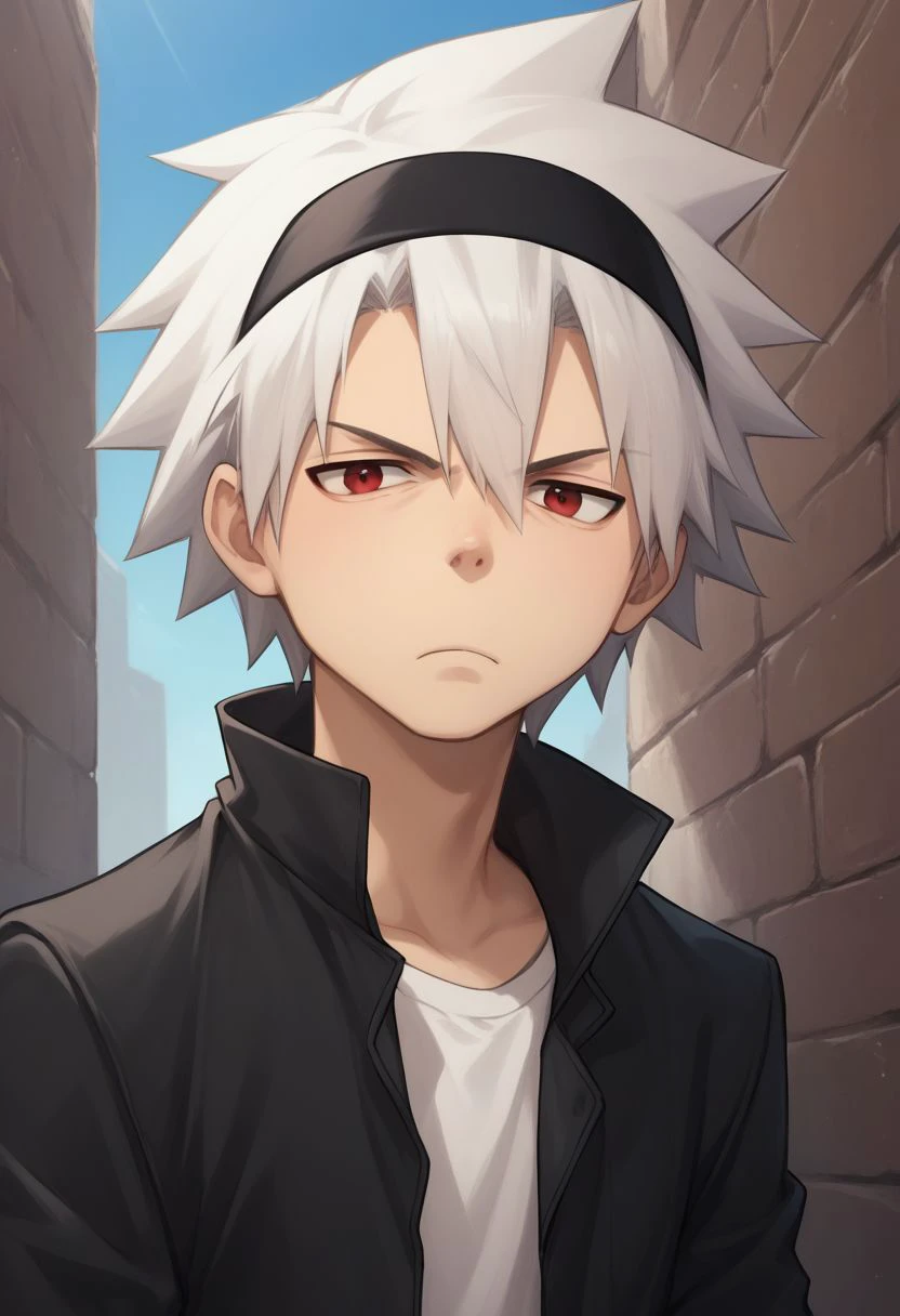 score_9, score_8_up, score_7_up, source_anime, highly detailed, skinny,
soul, 1boy, male focus, white hair, red eyes, solo, spiked hair, jacket, looking at viewer, upper body, shirt, black jacket, frown, open clothes, hairband, black hairband,
outdoor,