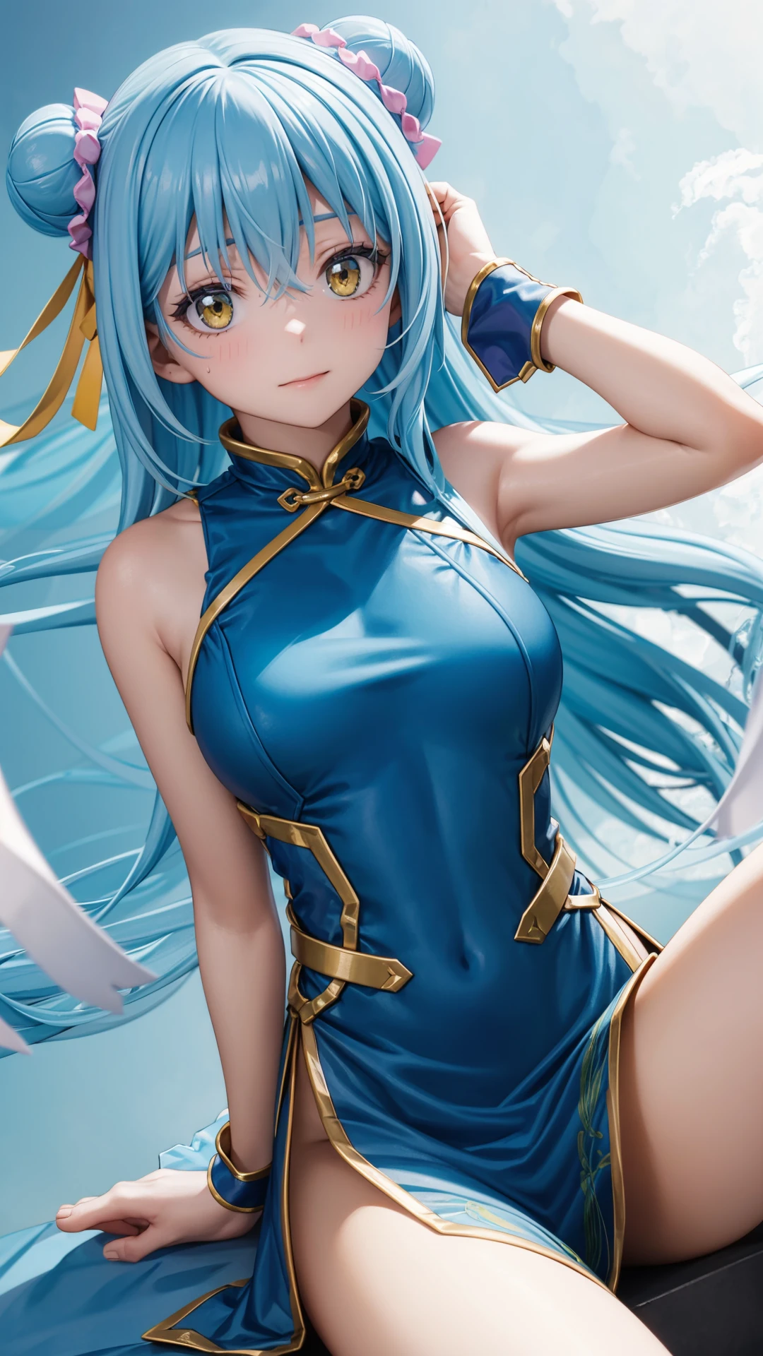 (masterpiece, best quality),ray tracing,absurdres,HDR,1girl,long hair,light blue hair, rimuru tempest, yellow eyes,large breasts, china dress, ribbon, sleeveless, closed mouth, hair between eyes, double bun, chinese clothes, dress, sleeveless dress, blue dress, bangs, , hair bun, shiny hair, hair ribbon, blush, shiny, floating hair, pink ribbon, looking at viewer, sitting, sweatdrop, , short dress, straight hair,  very long hair, purple ribbon, solo, , , ,barefoot, <lora:rimuru hagun:0.7>