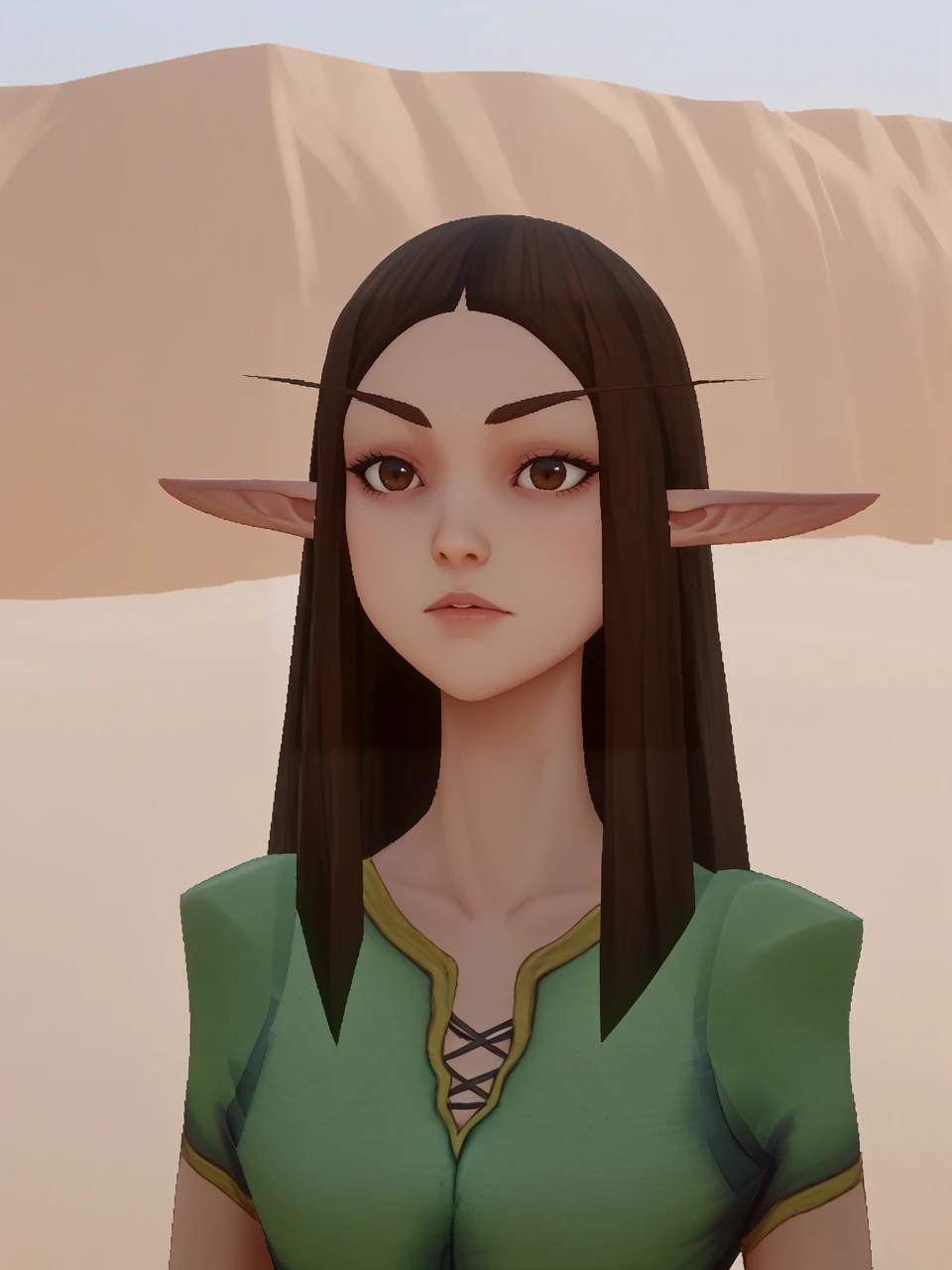 <lora:MnM Woodelf Druid - PDXL:1.75>source_cartoon, score_9, low_poly, upper body, mnm, woodelf, female, pointy ears, dark brown hair, standing, brown eyes, small breasts, pointy breasts, green tunic, green pants, portrait, close, facial details, source_cartoon, score_9, score_8_up, score_7_up,