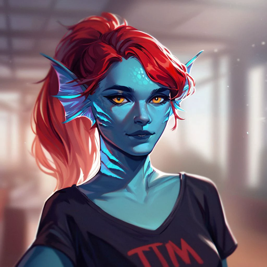 (((beautiful, high quality))), upper Body, score_9, score_8_up, score_7_up, 
Triton, head fins, gills and fins, scales, 1girl, blue skin, red hair, ponytail, yellow eyes, black T-shirt, 
looking at the viewer, posing, blurred background,