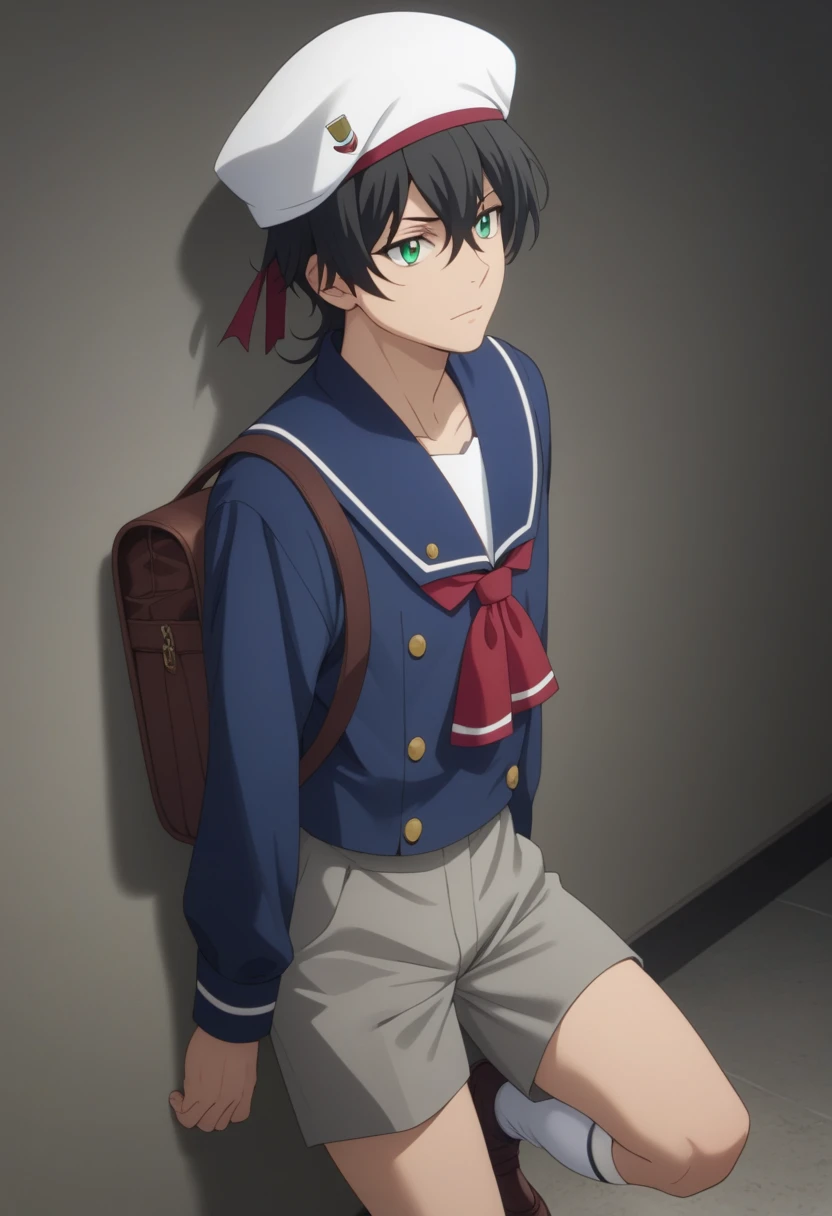 score_9, score_8_up, score_7_up, score_6_up, highly detailed, masterpiece, best quality,detailed,intricate details, amazing quality, best aesthetic, absurdres,source_anime,
male focus, 1boy, Miya Chinen, black hair, green eyes, male focys,
male school uniform,
sailor collar,
bag,
long sleeves,
sailor hat,
blue shirt,
gray shorts,
white socks,
brown shoes<lora:EMS-399351-EMS:1.000000>