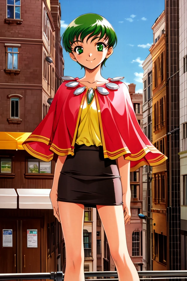 1 girl, outdoors, city, standing, smile,
 <lora:Thousand_Arms_-_Kyleen_Nelphe:0.7> takyleen, green hair, short hair, green eyes,
capelet, short skirt, brown skirt,