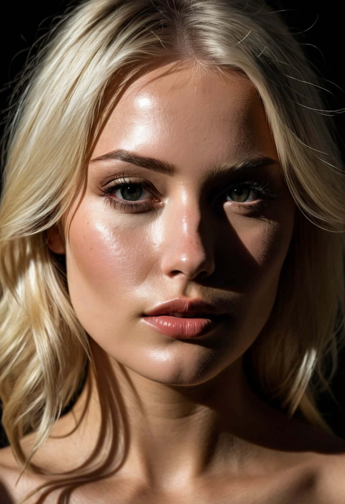 RAW photo, woman, blonde, high detailed skin, dark light, hard shadows