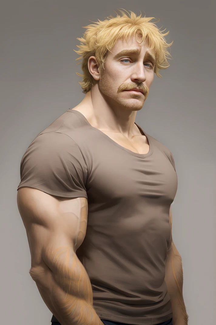 absurdres, upper body, <lora:Johness2011:0.8>, johness, (tareme:0.7), muscular male, brown shirt, grey background, (messy hair:0.8), blonde hair