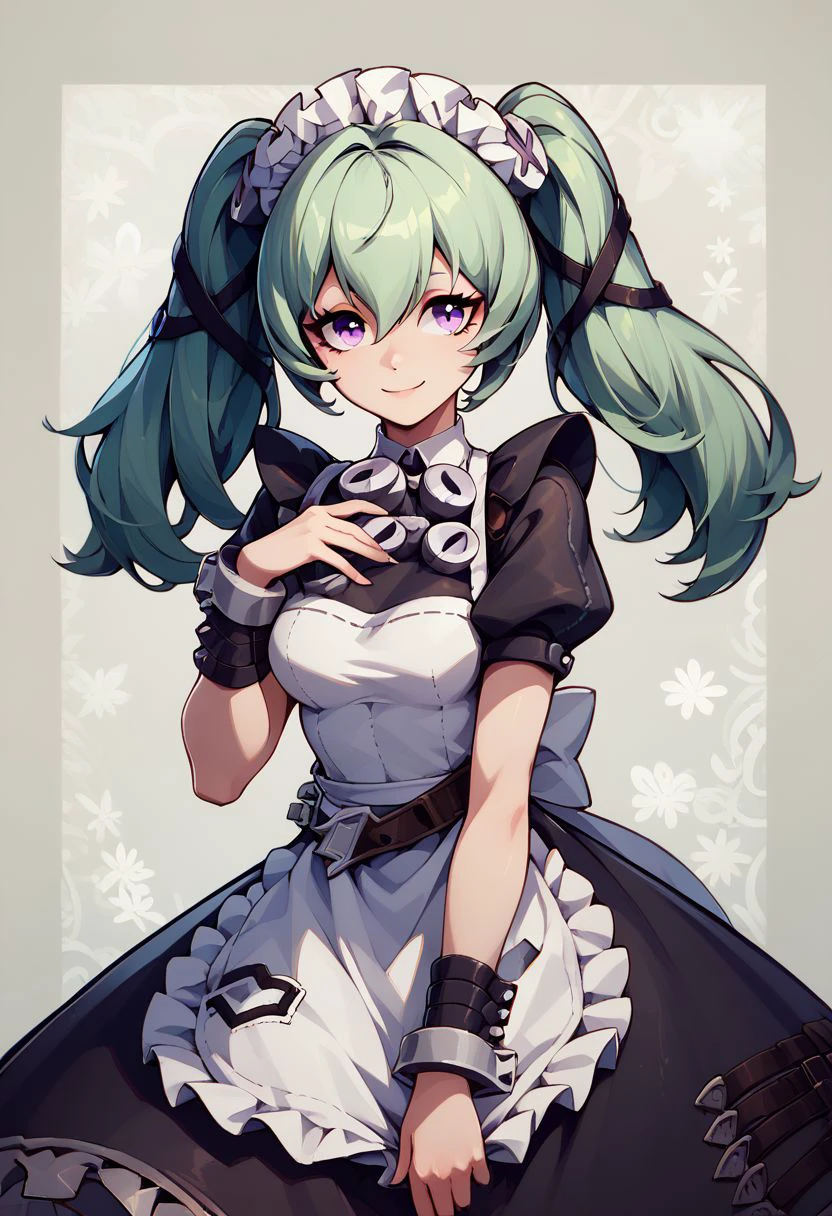 score_9, score_8_up, score_8, medium breasts, (curvy), cute, eyelashes,     
BREAK,
corin wickes, 1girl, green hair, purple eyes, hair between eyes, twintails, maid headdress, puffy short sleeves, black dress, white apron,
BREAK,
smile, looking at viewer, 
abstract background, zigzag pattern in background, 
zPDXL,