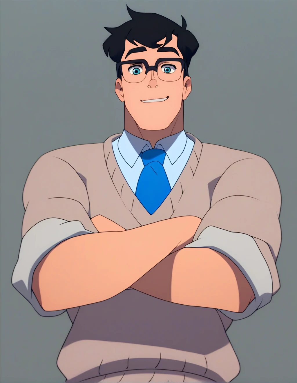 score_9, score_8_up, score_7_up, r <lora:Clark_Kent:1>, superman, looking at viewer, male focus, 1boy, simple background, glasses, black hair, crossed arms, pov, from below, light smile, sweater, blue necktie