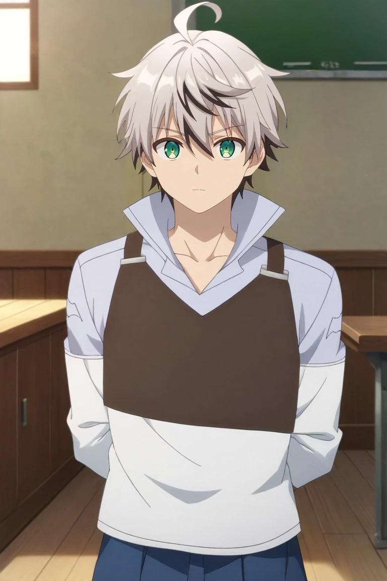 score_9, score_8_up, score_7_up, source_anime, rating_safe, , , looking at viewer, , 1boy, solo, male focus, <lora:rein_shroud_pony:0.8>, rein_shroud, grey hair, green eyes, short hair, multicolored hair, two-tone hair, black hair, bangs, hair between eyes, ahoge, panorama, workshop, noon, arms behind back, :o, graduation costume, <lora:sdxl_lightning_8step_lora:1>