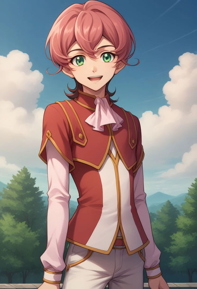 score_9, score_8_up, score_7_up, source_anime, highly detailed, 
trey, solo, green eyes, male focus, 1boy, smile, open mouth, looking at viewer, pink hair, brown hair, ascot, pants, two-tone hair, skinny,
outdoor, sky, clouds, trees,