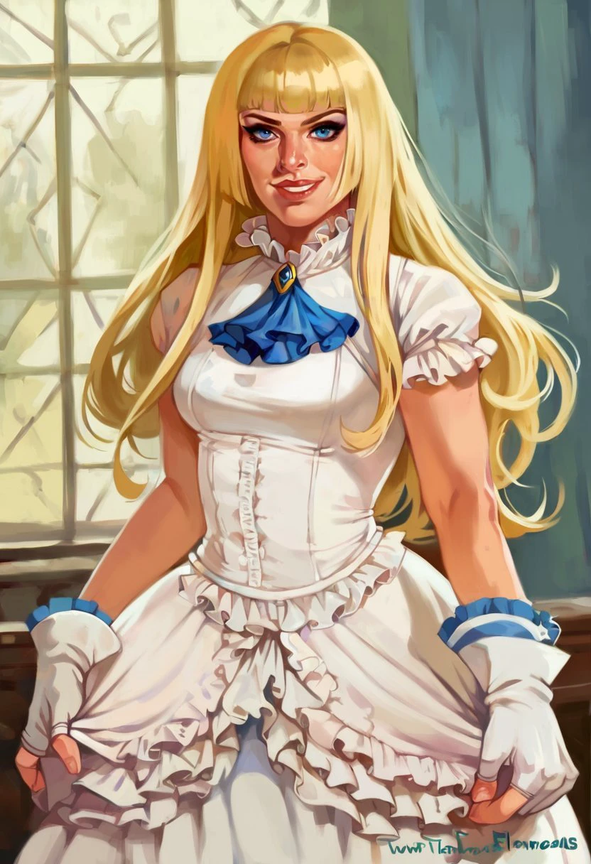 score_9, score_8_up, score_7_up, twinflame-dh, emiliederochefortSDXL, 1girl, solo, long hair, smile, blue eyes, blonde hair, room background, gloves, white dress, frills, white gloves, fingerless gloves, white dress, lips, ascot, makeup, frilled dress, hime cut  <lora:Artist_Style_-_TwinFlame413_PDXL:0.8>,  <lora:emilie:0.7>