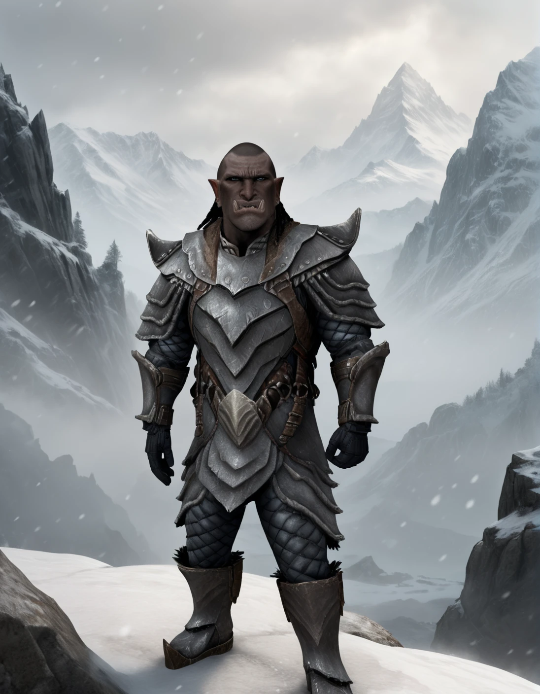 A powerful Orsimer warrior stands resilient against the harsh, snowy Skyrim landscape. Weathered plate armor encases his imposing physique as he gazes steadfastly into the camera's lens. Snowflakes gently fall onto the rugged mountainside behind him, while a faint mist veils the peaks in mystery. His stern expression and determined jawline convey unwavering strength. (((front view, looking at the viewer))), shaved head,orsimer<lora:EMS-400363-EMS:1.000000>, <lora:EMS-20438-EMS:1.000000>