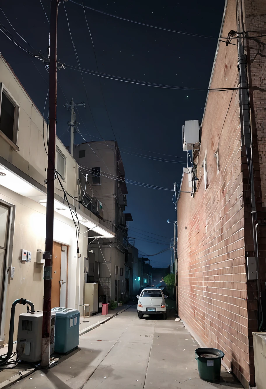 score_9,score_8_up,score_7_up,8k,hd,,ruanyi0675,no humans,power lines,industrial pipe,air conditioner,alley,brick wall,cable,crosswalk,utility pole,vanishing point,night,dark,midd night,<lora:0675 Messy urban village_v1_pony:1>
