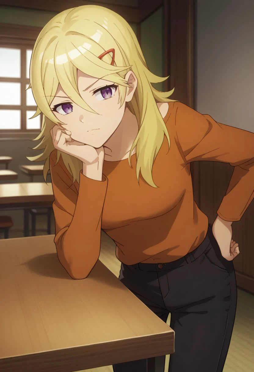 score_9, score_8_up, score_7_up, source_anime, highly detailed, 
landlord, 1girl, solo, blonde hair, hair ornament, hair between eyes, hairclip, pants, orange shirt, purple eyes, black pants, shirt, hand on hip, 
indoor, sit, table, head rest,