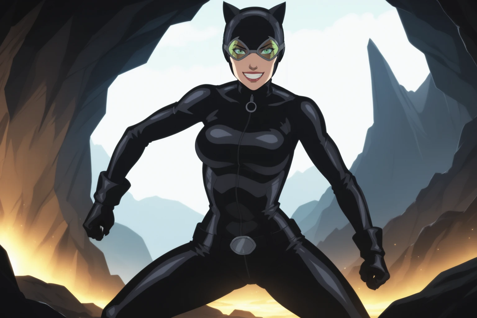 score_9, score_8_up, score_7_up, masterpiece, high quality, BREAK
 <lora:Catwoman HushPonyLoRA:0.8>ctwmnhsh, bodysuit, helmet, animal ears, goggles, gloves, belt, claws, attack stance, grin, in a cave, dark