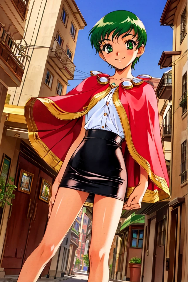 1 girl, outdoors, city, standing, smile,
 <lora:Thousand_Arms_-_Kyleen_Nelphe:0.7> takyleen, green hair, short hair, green eyes,
capelet, short skirt, brown skirt,