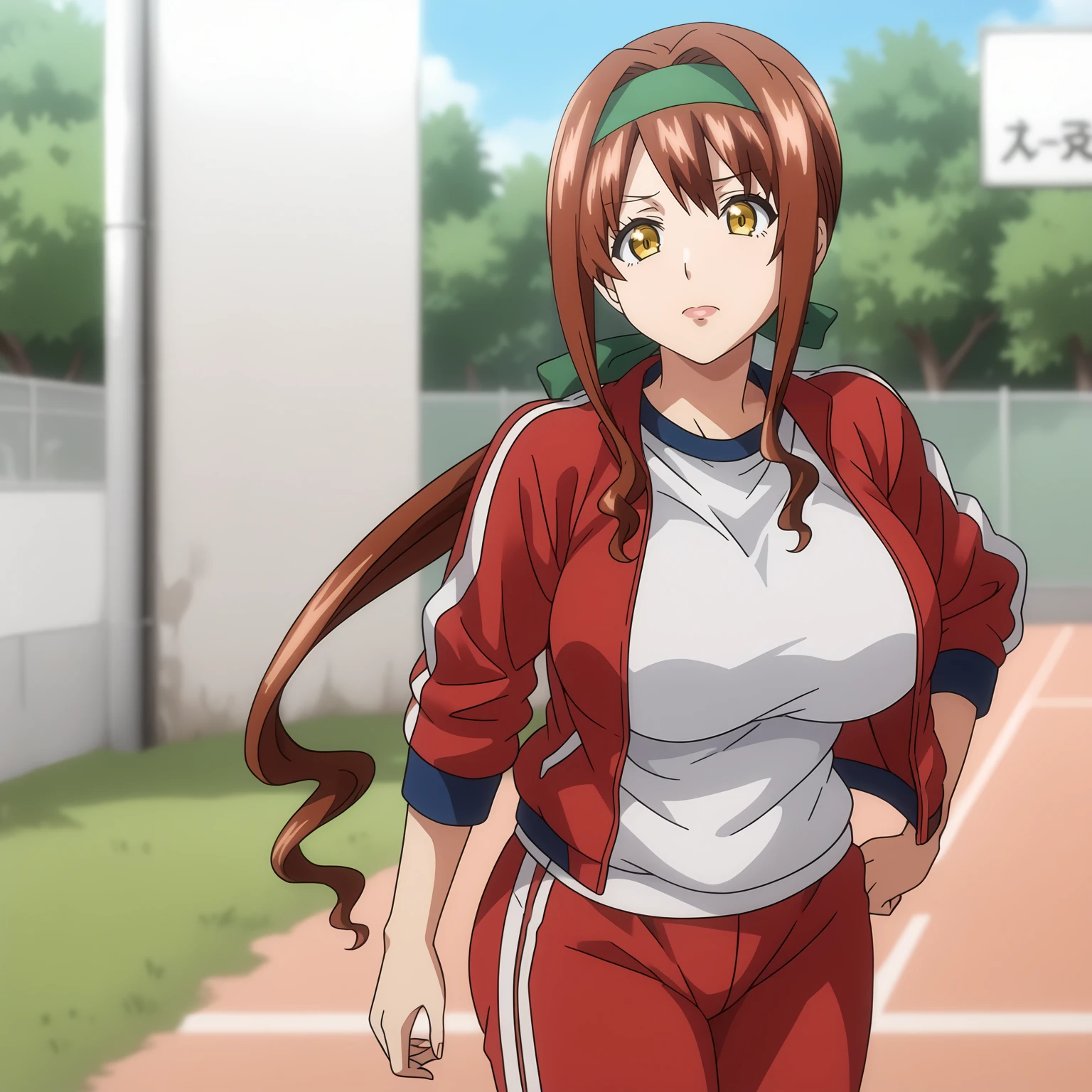 <lora:HarukaShigaXLpony001>,
solo,
HarukaShiga,1girl,brown hair,green hair band,low ponytail,yellow eyes,
large breasts,
gym uniform,red jacket,
red pants,