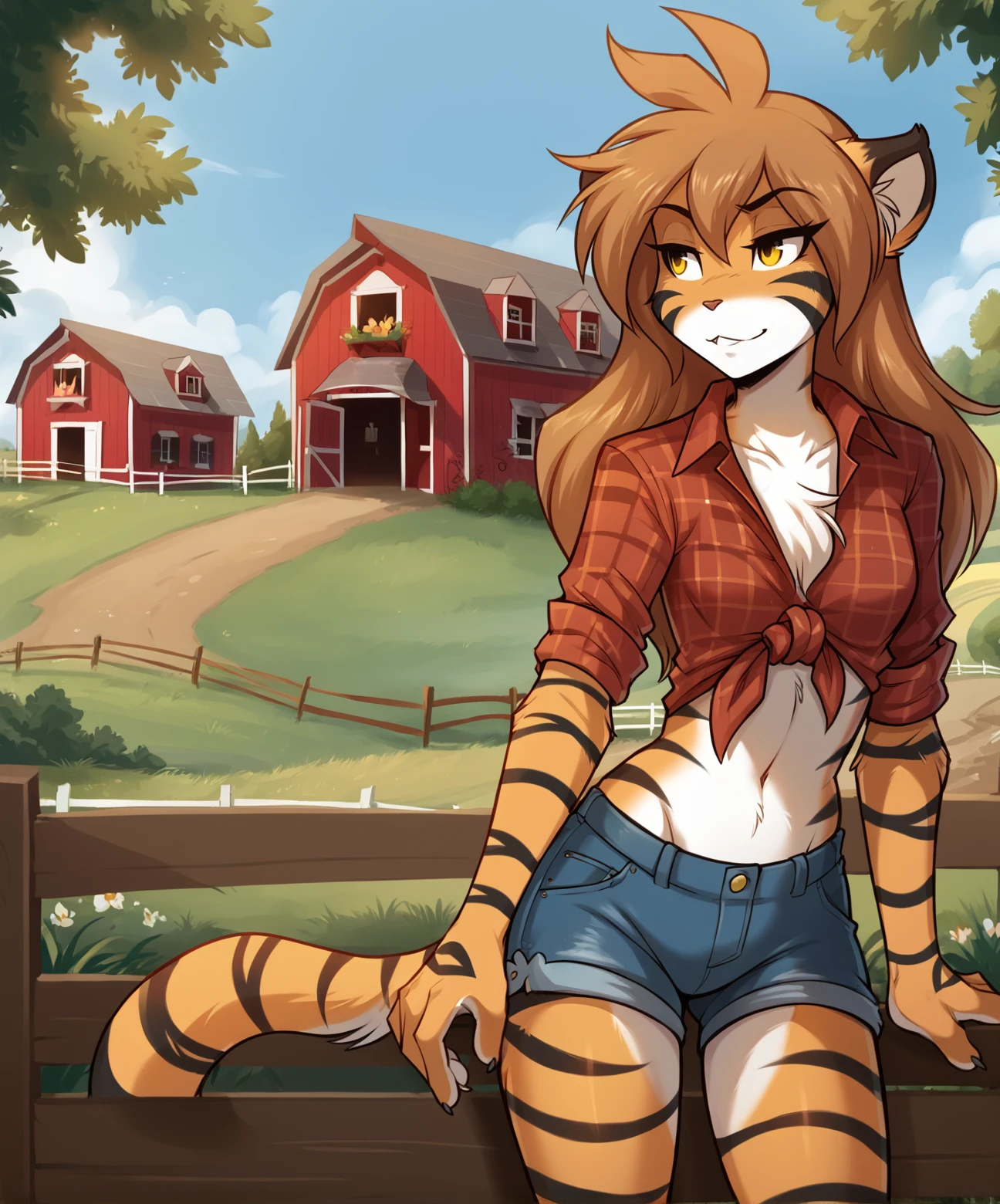 score_9, score_8_up, score_7_up,score_6_up,score_5_up, source_furry
BREAK
solo, furry female anthro, long hair, small breasts, (seductive gaze), plaid shirt, collared shirt, tied shirt, midriff, jean shorts, (outdoors, farm), finger claws
BREAK
<lora:Flora-Twokinds-SDXL-AnonTK-V3:0.85>, flora-twokinds, keidran, mammal, tiger tail, yellow eyes, <lora:Realistic_2.5DAnime_Merge1:0.35>