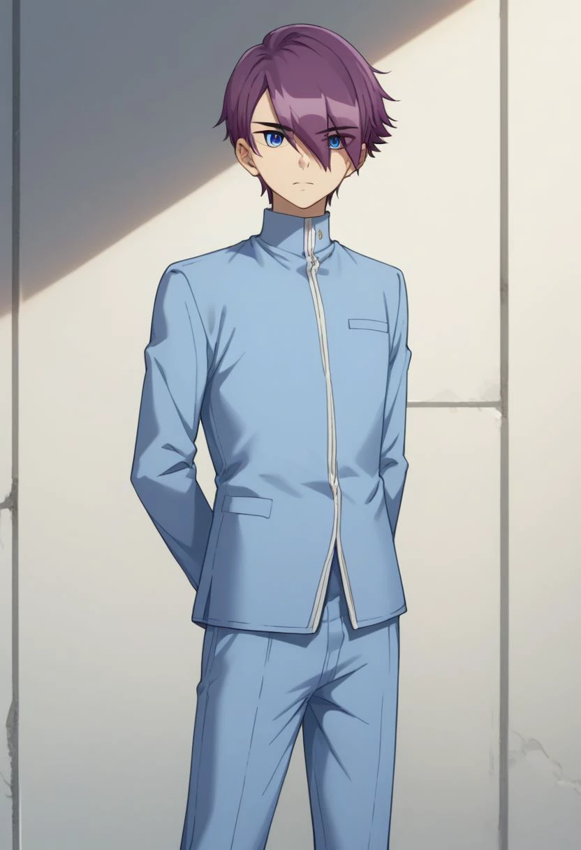 score_9, score_8_up, score_7_up, source_anime, highly detailed, 
gavin, solo, 1boy, male focus, purple hair, hair over one eye, school uniform, standing, pants, blue eyes, eyes visible through hair, hair between eyes, blue pants, blue jacket, arms behind back, 
outdoor,