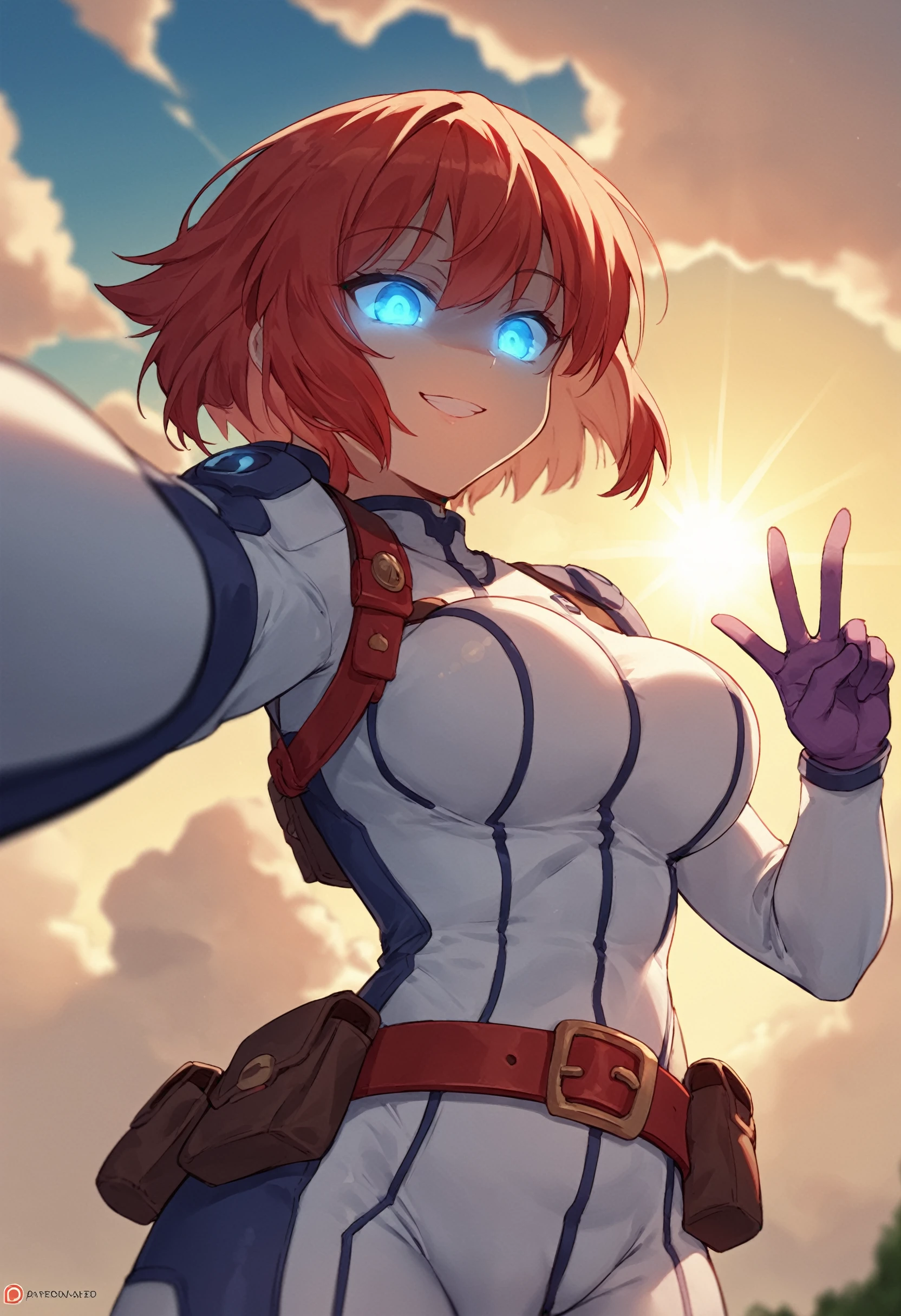score_9, score_8_up, score_7_up, BREAK
1girl, from below, wide shot, patreon username, blurry foreground, twitter logo, gloves, glowing, rainbow, purple gloves, cloud, blurry, patreon logo, upper body, glowing eyes, long sleeves, giantess, giant, v, belt buckle, sun, red hair, shiny clothes, hand up, outstretched arm, pouch, belt, depth of field, blue eyes, white bodysuit, light rays, parted lips, from behind, shaded face, standing, bouncing breasts, short hair, buckle, watermark, smile, sunset, outdoors, day, red belt, selfie, bodysuit, blue bodysuit, belt pouch, ass, skin tight