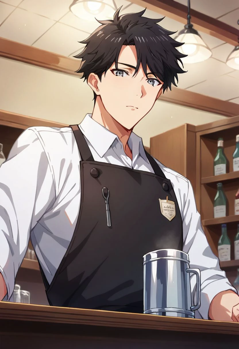 score_9, score_8_up, score_7_up, source_safe, source_anime,  mitsuyoshi tada, 1boy, solo, black hair, grey eyes, bartender, white shirt,  black apron, looking at viewer, from below, pov, coffe shop, indoors