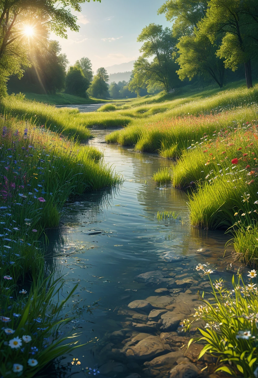  (ultra high res:1.4), (masterpiece:1.4), (beautiful lighting:1.4), a river in the middle, surrounded by trees and grassland with colorful wildflowers on both sides. blue sky above, clear weather. the background is a green meadow full of flowers. bright sunshine shines through the leaves, creating a warm atmosphere. the water reflects the beautiful scenery around it.