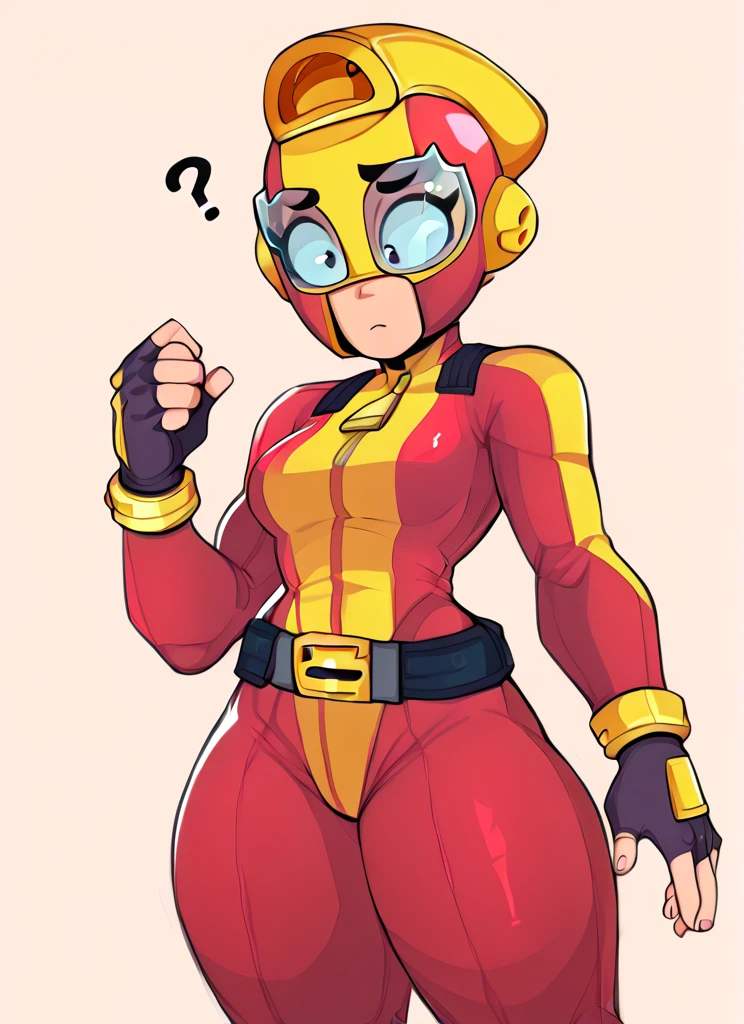 score_9, score_8_up, score_7_up, , bsmax , 1 girl , red bodysuit , simple background,  red helmet , glases  , fingerless gloves, solo, confused,  , yellow bracelet, belt  <lora:bsmax:1>    <lora:Aer0Zer0_Artist_Style:1>