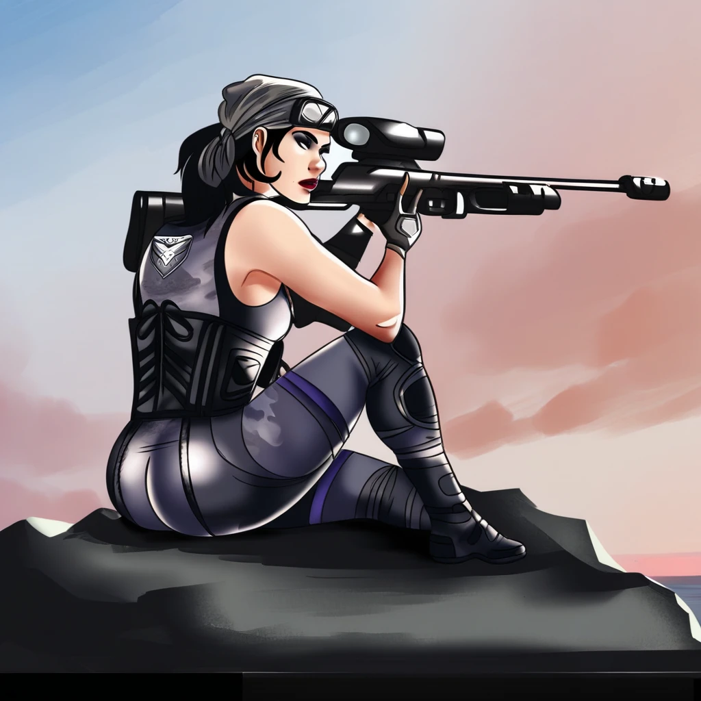 kali, kali \(rainbow six siege\),  1girl, solo, breasts, black hair, gloves, sitting, weapon, ass, boots, sky, day, pants, fingerless gloves, lips, gun, makeup, lipstick, goggles, rifle, goggles on head, rock, nose, knee pads, camouflage, sniper rifle, scope