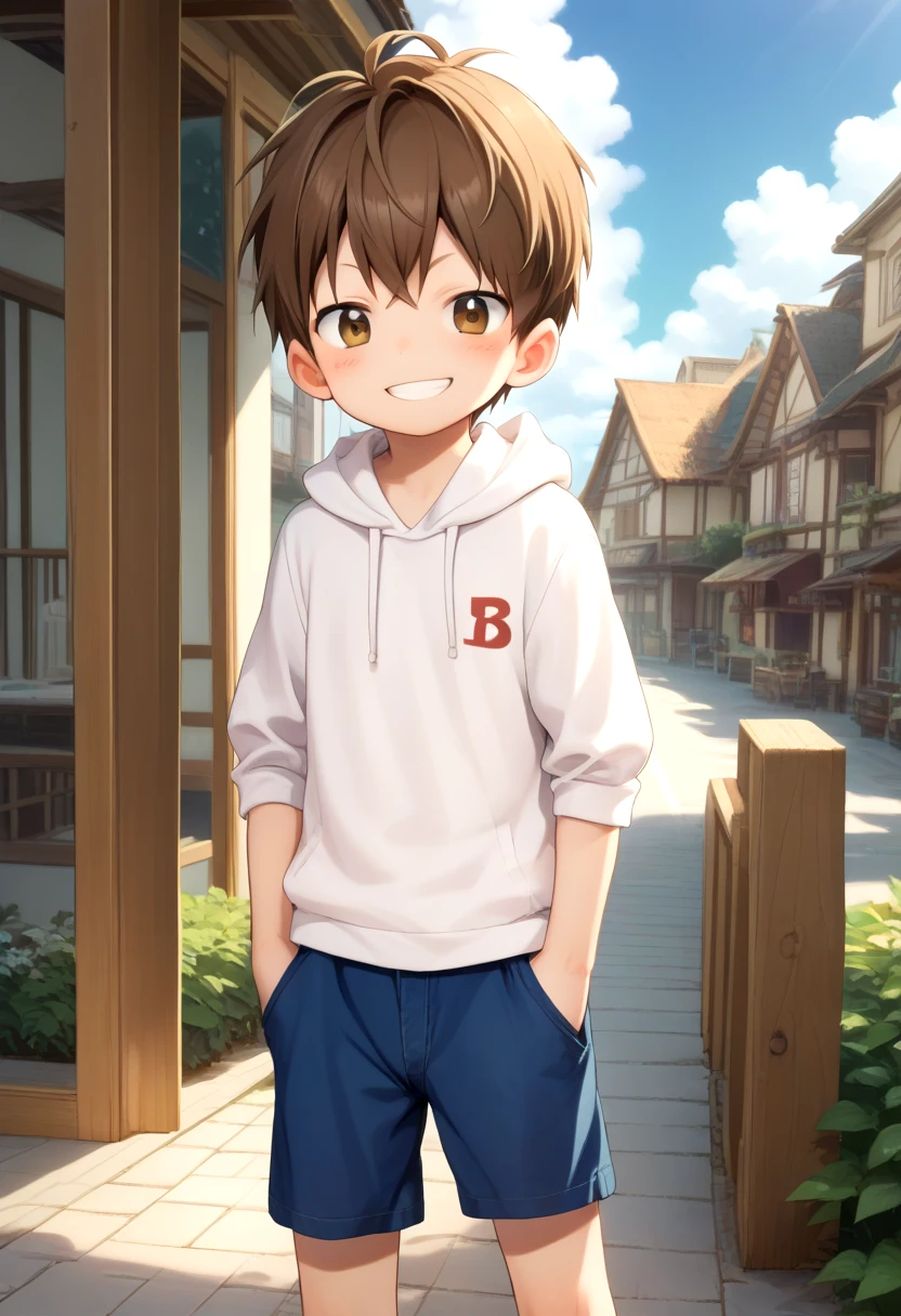 score_9, score_8_up, score_7_up, detailed eyes, village, BREAK
straight on shot, standing,
<lora:cutifiedanimecharacterdesign_variant_type_F_PonyXL_v20:1> 1boy, type-f, chestnut brown hair, chestnut  brown eyes,   petite, young, solo, anime  style, manga style, drawn style, white hoodie,  source_comic, manga,randoseru,comic, aged down, black gakuran above hoodie,
grin