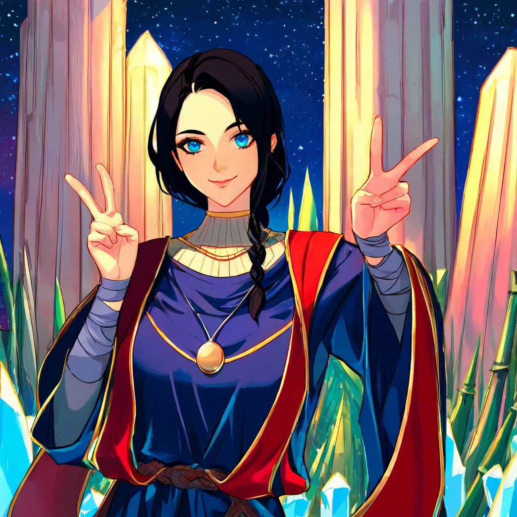 1girl,solo,<lora:Sellen-000012:1>,sorceress sellen,magician robes,bandaged foot,blue eyes,black hair,braid,necklace,
looking at viewer,smile,closed mouth,hands up,v,standing,outdoors,bamboo forest,night,night sky,star \(sky\),crystal,<lora:StS_detail_slider_v1:2>,, score_9, score_8_up, score_7_up, perfect anatomy, source_anime,