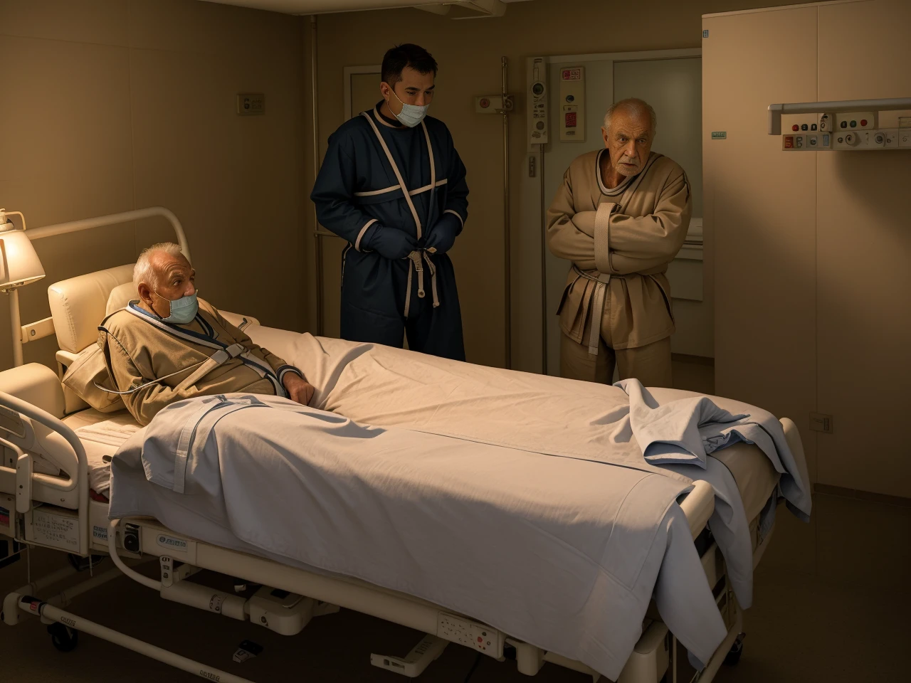 <lora:StraightJacket:1.2>  two guards escorting an elderly man in a straight jacket to a hospital bed, cold light, master piece , horror,<lora:hospital:0.8>