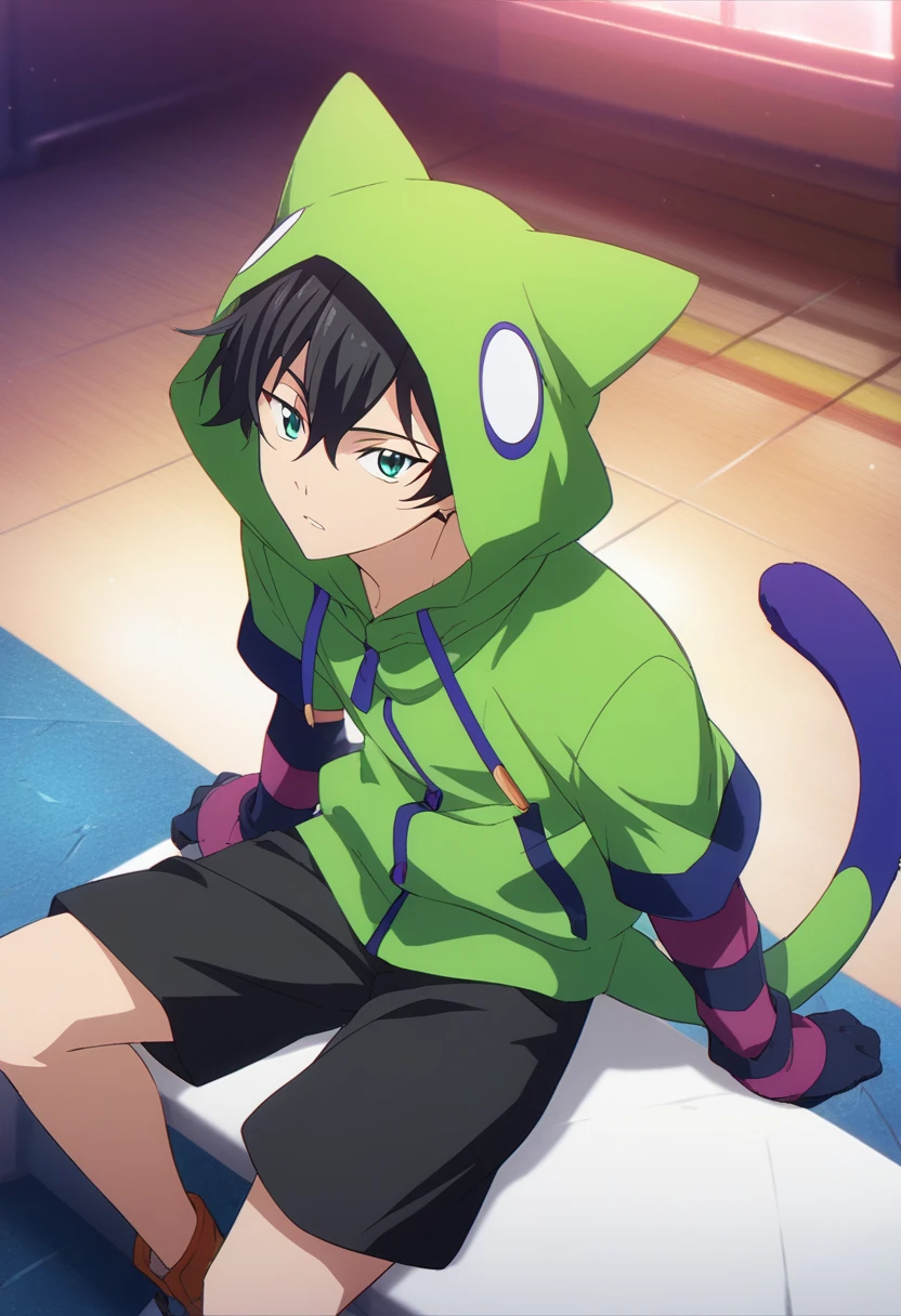 score_9, score_8_up, score_7_up, score_6_up, highly detailed, masterpiece, best quality,detailed,intricate details, amazing quality, best aesthetic, absurdres,source_anime,
male focus, 1boy, Miya Chinen, black hair, green eyes, male focus,
animal hood
green hoodie
hood up
striped gloves,
cat tail,
black shorts<lora:EMS-399351-EMS:1.000000>