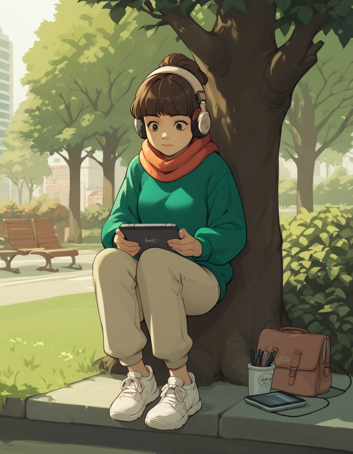 score_9,  score_8_up, score_7_up, source_anime, <lora:lofigirl-ponyxl-000021:1> 1girl, lfg, sweater, scarf, pants, headphones, sneakers,
tablet pc, looking at screen, park, tree