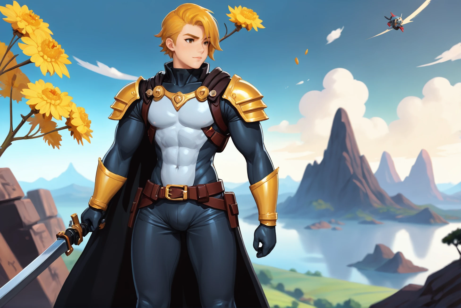 <lora:EnvyStarlightAnime14:1.25>soft anime digital painting, lusty (full body:1.2), 1boy, man, handsome, solo, [:fantastical costume design,:0.2] space pirate, (magic leather helmet,pauldrons,gauntlets,bracers,greaves,armor:1), (asian:1.3), goldenrod hair, (solid:1) build, great fantasy sky city beyond the beginning of the universe