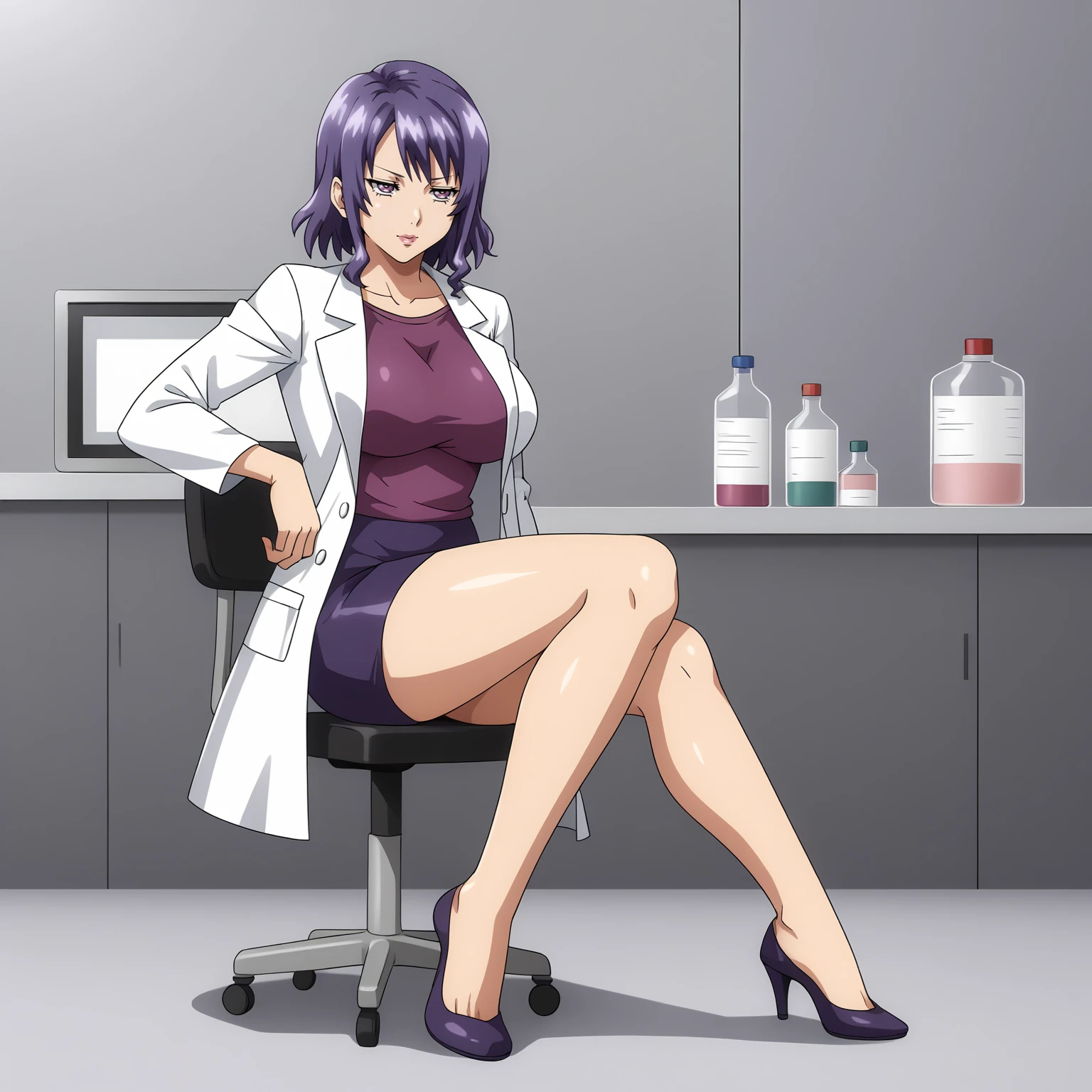 <lora:AyakaShigaXLpony001>,
solo,
AyakaShiga,1girl,purple hair,medium hair,purple eyes,pink lips,
large breasts,
lab coat,purple shirt,
pencil_skirt,
full body,sitting,