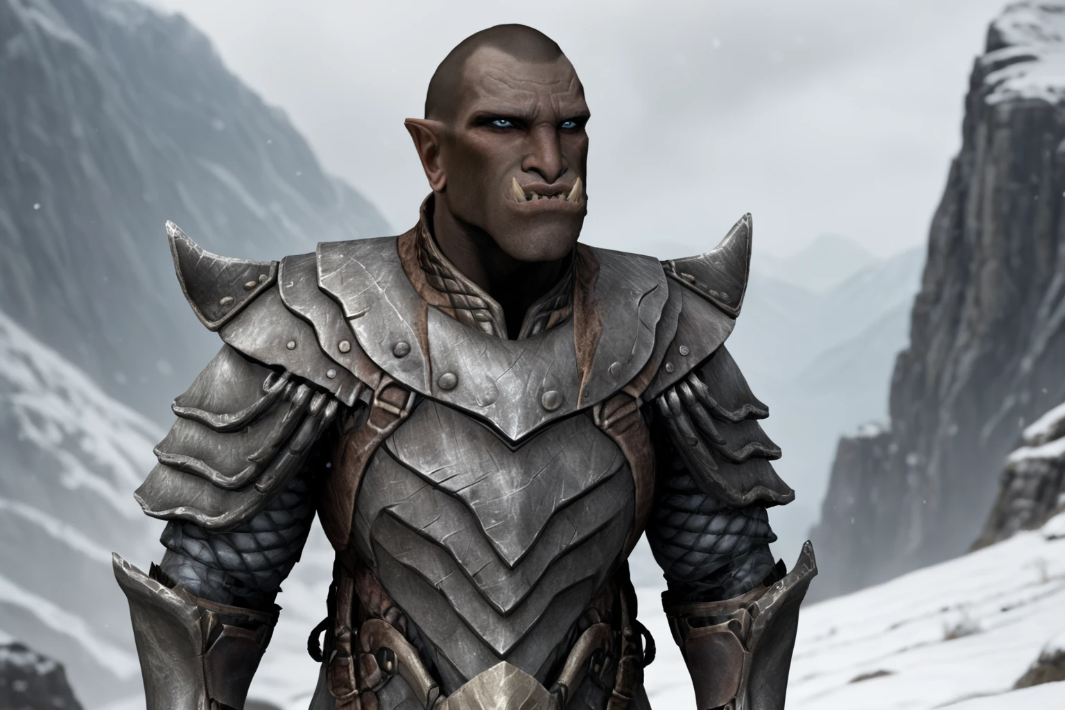 A powerful Orsimer warrior stands resilient against the harsh, snowy Skyrim landscape. Weathered plate armor encases his imposing physique as he gazes steadfastly into the camera's lens. Snowflakes gently fall onto the rugged mountainside behind him, while a faint mist veils the peaks in mystery. His stern expression and determined jawline convey unwavering strength. (((front view, looking at the viewer))), shaved head,orsimer<lora:EMS-400363-EMS:1.000000>, <lora:EMS-20438-EMS:1.000000>