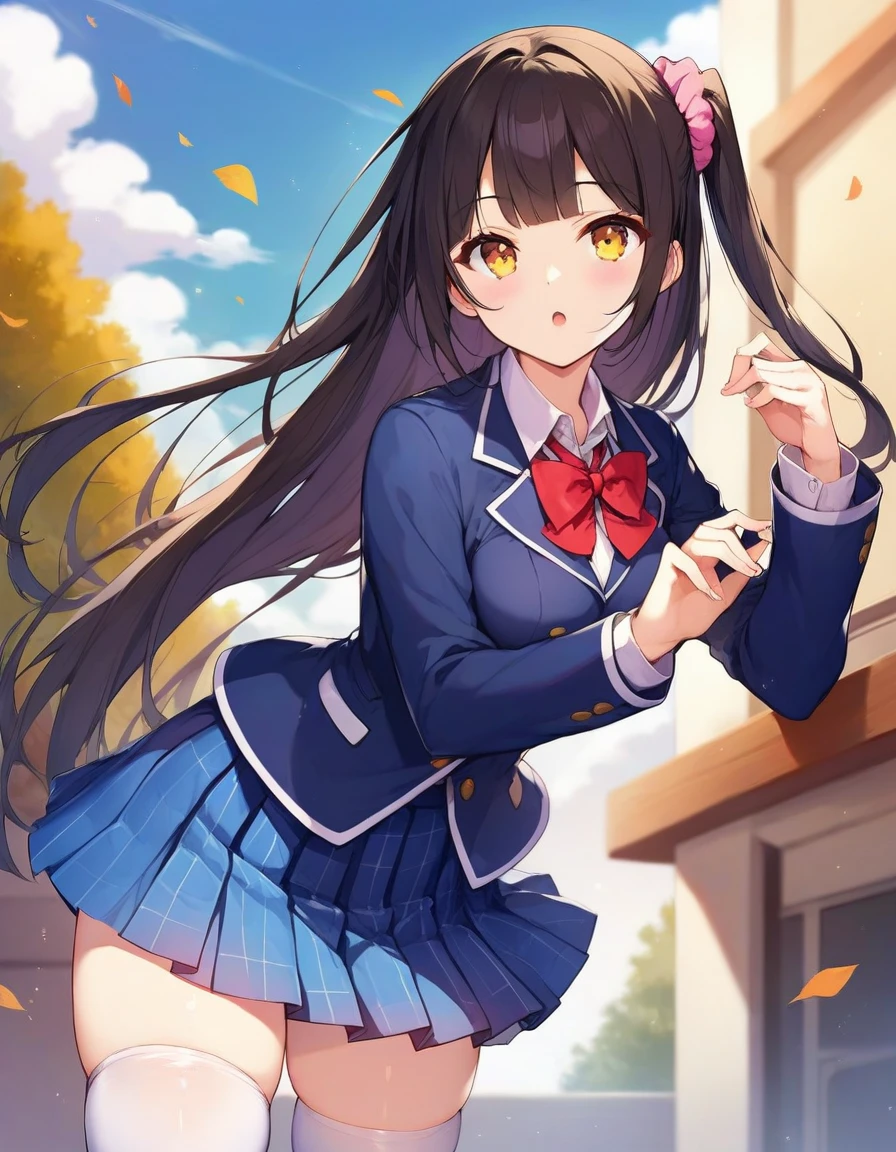 score_9,score_8_up,score_7_up,score_6_up BREAK official art,solo,outdoors,upper body,(portrait:1.5),looking at viewer,facing viewer,Tomori Ayana,very long hair,black hair,one side up,hair ornament,hair scrunchie,pink scrunchie,blunt bangs,yellow eyes,school uniform,blue jacket,blazer,red bowtie,white shirt,collared shirt,long sleeves,medium breasts,skindentation,miniskirt,blue skirt,pleated skirt,plaid skirt,zettai ryouiki,white thighhighs,loafers,<lora:Tomori Ayana(mf)-Pony:0.8>,<lora:Smooth Anime Style LoRA XL:0.8>,