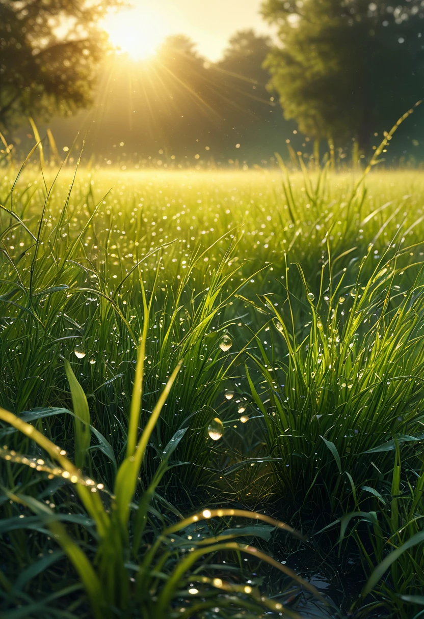 (ultra high res:1.4), (masterpiece:1.4), (beautiful lighting:1.4), The sun rises in the morning, and dewdrops hang on tall grass with light yellow tones. In front of it is an endless green field full of water droplets, with trees at its edge. The background features soft sunlight filtering through the leaves, creating a warm golden glow that illuminates everything around