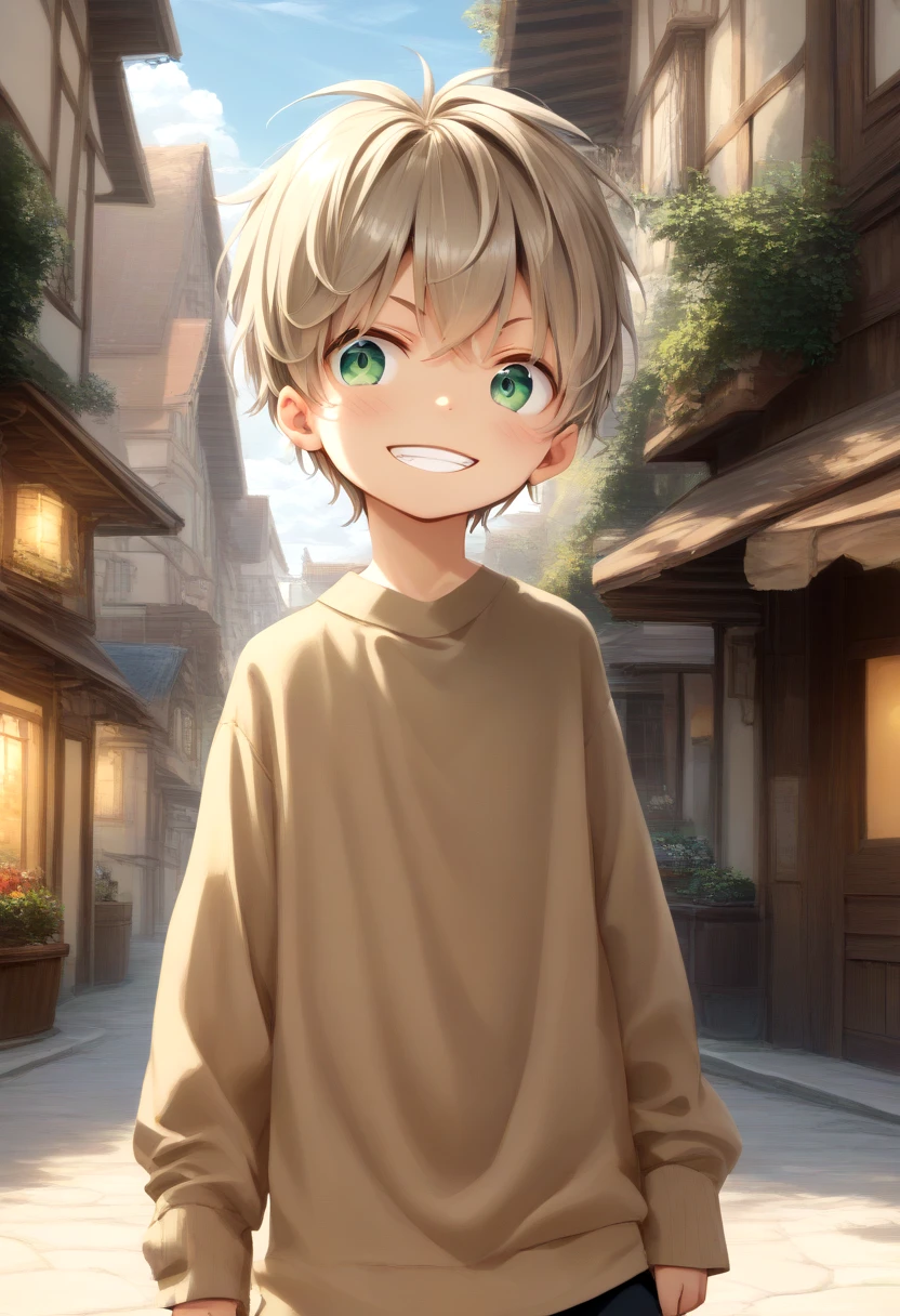 score_9, score_8_up, score_7_up, detailed eyes, village, BREAK
looking to the side, standing, head tilted,
<lora:cutifiedanimecharacterdesign_variant_type_F_PonyXL_v20:1> 1boy, type-f, light brown  hair,  light green eyes,  petite, young, solo, brown sweater,  aged down,
grin