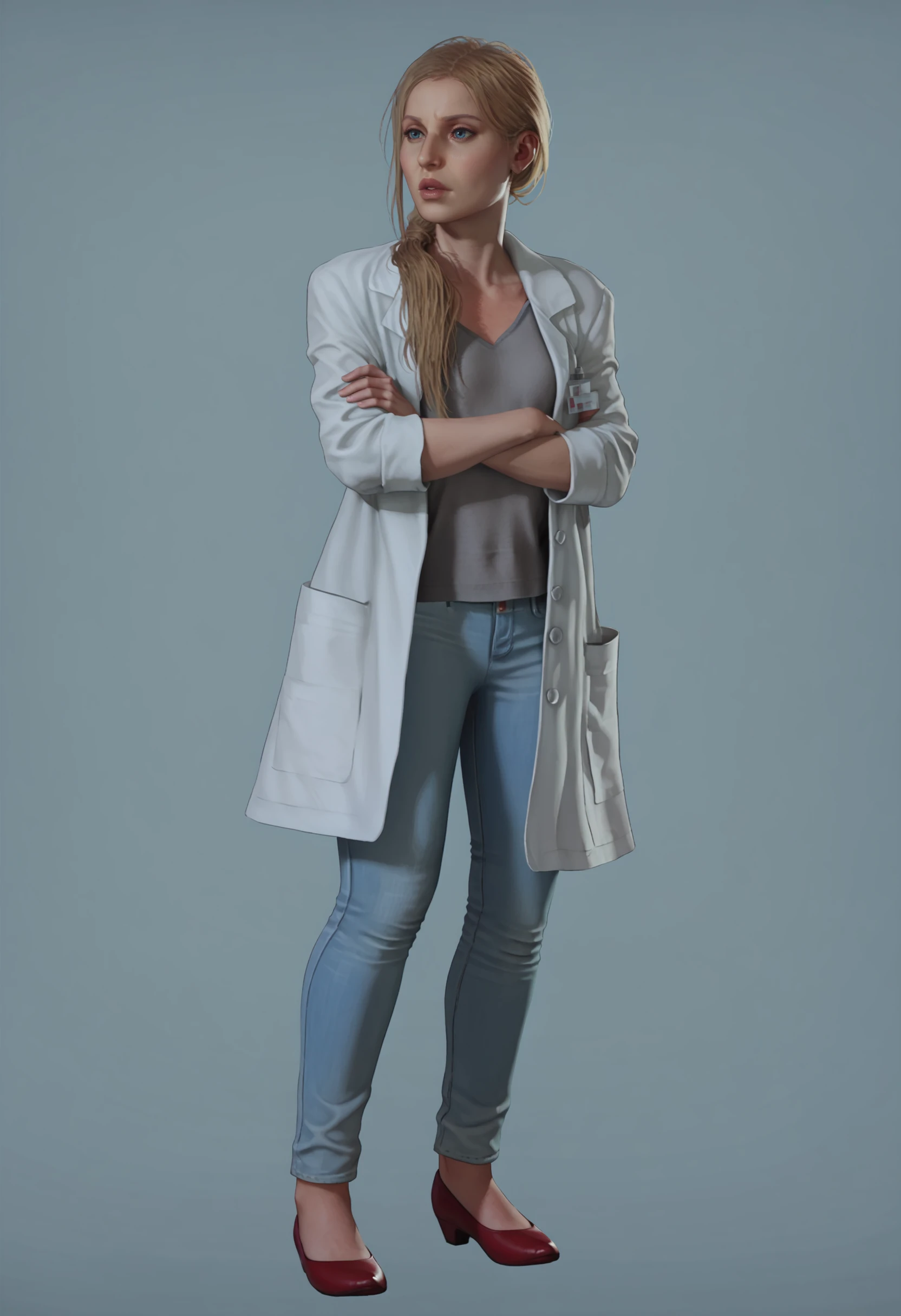 score_9, score_8_up, score_7_up, score_6_up, score_5_up, score_4_up, 1girl, <lora:AnnetteBirkin:0.85> solo, long hair, hair over shoulder, blonde hair, blue eyes, lips, labcoat, jeans, red footwear, full body, arms crossed, 
light blue background, simple background,