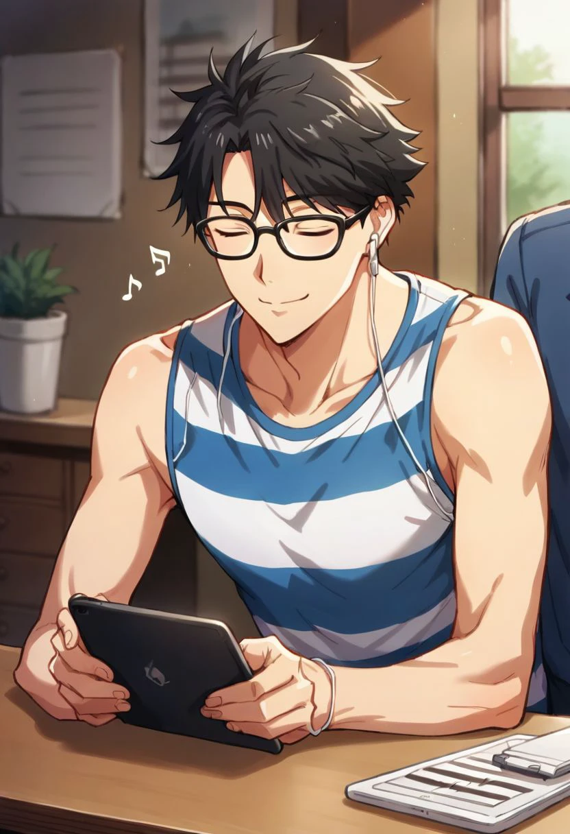 score_9, score_8_up, score_7_up, source_safe, source_anime,  mitsuyoshi tada, 1boy, solo, black hair, glasses, striped shirt, sleeveless, phone, closed eyes, sitting, solo, earbuds, smile, cellphone, smile, leaning on table, cowboy shot, music notes, fun, bedroom