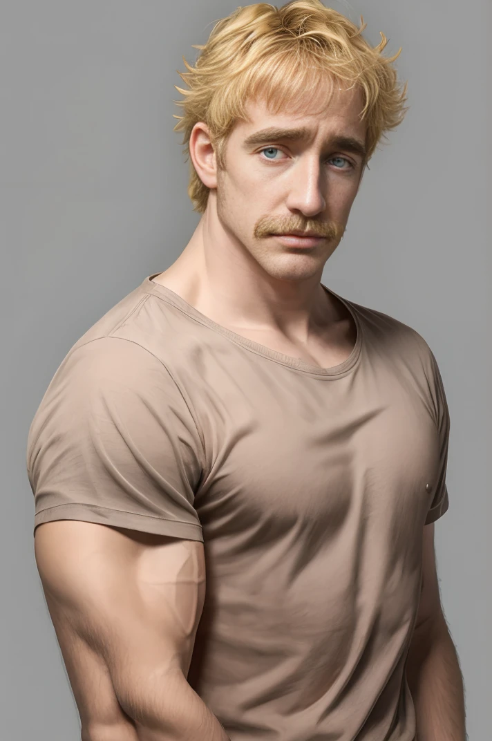 absurdres, upper body, <lora:Johness2011:0.8>, johness, (tareme:0.7), muscular male, brown shirt, grey background, (mustache:0.8), (messy hair:0.8), blonde hair