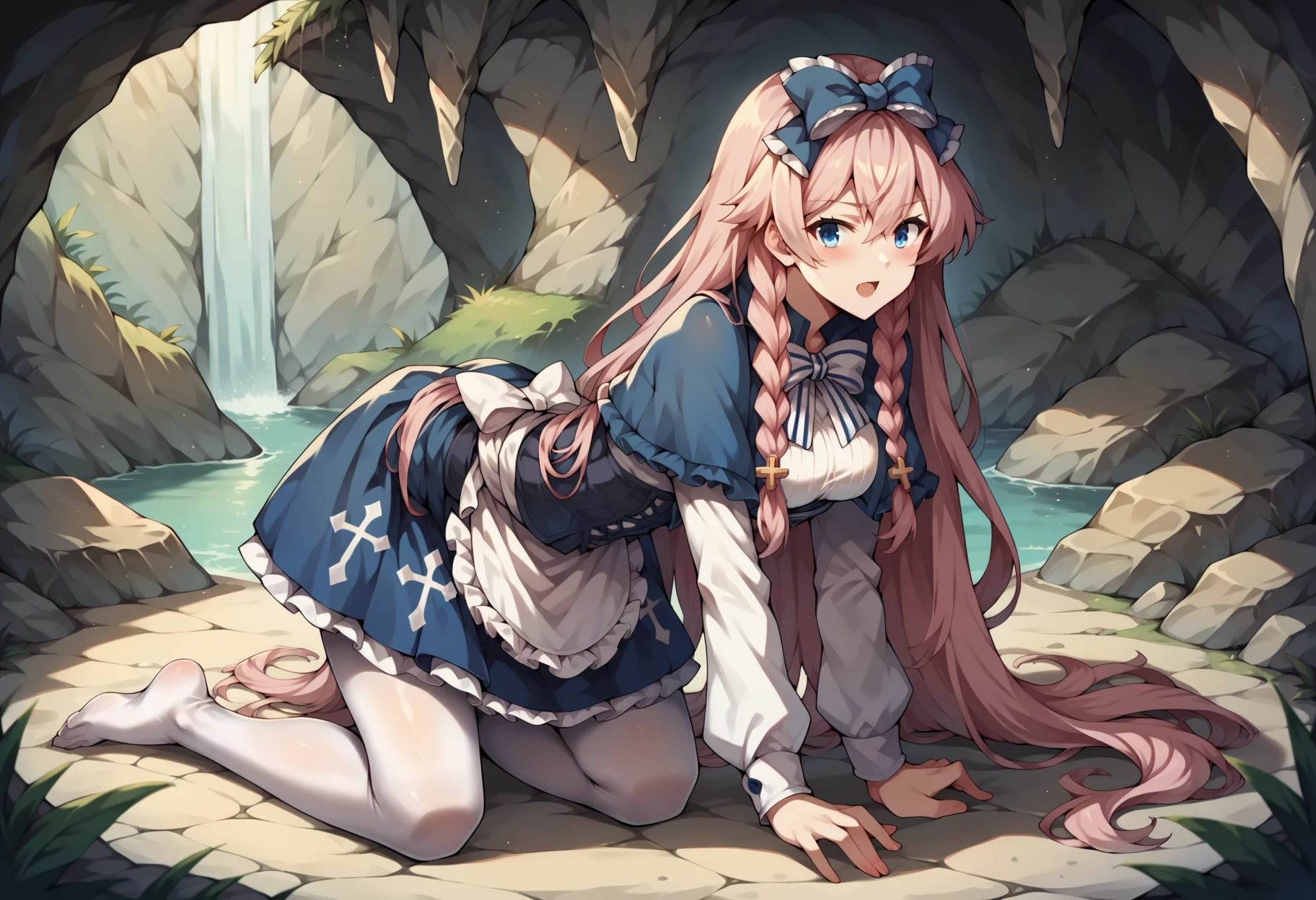 score_9, score_8_up, score_7_up, score_6_up, score_5_up, score_4_up, source_anime BREAK <lora:Harpae-v1:1> 1girl, harpae, hair bow, blue eyes, very long hair, wavy hair, pink hair, braids, blue capelet, bowtie, shirt, white sleeves, blue corset, skirt, apron, white pantyhose
cave, grotto, stone, crawling, on all fours