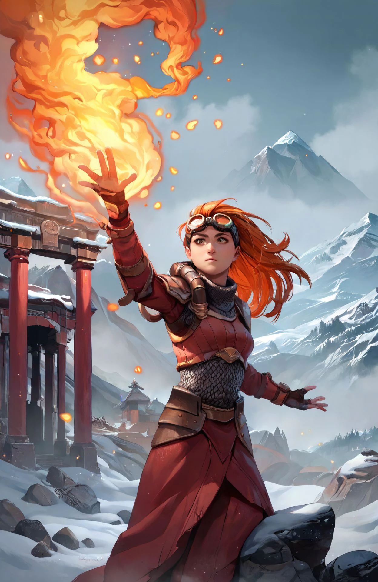 <lora:chandra_pny-9:0.8> 1girl, long hair, orange hair, brown eyes, goggles on head, magic, pyrokinesis, light particles, outdoors, mountain, snow, temple, rock, overcast, smoke, source_anime, source_cartoon, score_9, score_8_up, score_7_up, score_6_up, score_5_up, score_4_up, ponypositive,