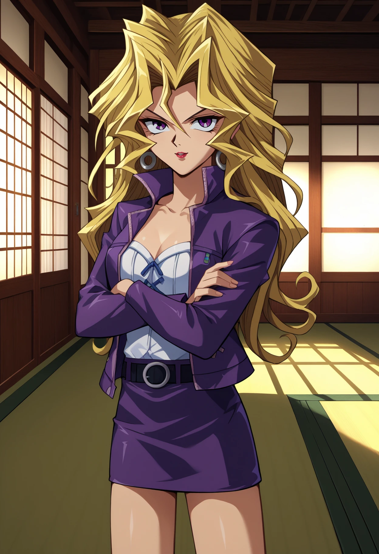 score_9, score_8_up,score_7_up, source_anime, rating_safe, 1girl, solo, <lora:EPygKujakuMai:1>, EPygKujakuMai, purple eyes, blonde hair, long hair, wavy hair, hair between eyes, hair intakes, hoop earrings, red lips, parted lips, seductive smile, purple jacket, open jacket, white bustier, black belt, purple skirt, miniskirt, pencil skirt, knee boots, high heel boots, purple footwear, indoors, dojo, tatami, crossed arms,