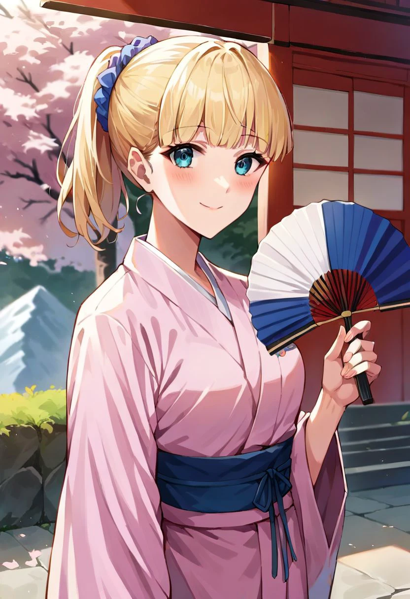 score_9, score_8_up, score_7_up, source_safe, source_anime, teresa wagner, 1girl, solo, blonde hair, bangs, ponytail, blue scrunchie, pink yukata, smile, blush, holding fan, rainbow fan, looking at viewer, middle shot, japanese shrine, sanctuary