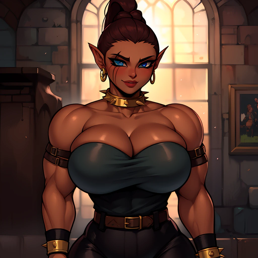 Best_QualityPos, RAW photo, intricate details, best quality, 8k uhd, soft lighting, 1girl, solo, TaniaGX, blue eyes, pointy ears, brown hair, long hair, ponytail, dark skin, black tank top, cleavage, bare shoulders, strapless, jewelry, earrings, armlet, choker, muscular female, belt  <lora:exposure_control_v10:-0.3> <lora:TaniaGX:0.7>